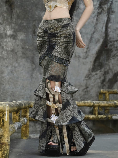 グリーンタイフラワーバードケージヘムラインマーメイドスカート