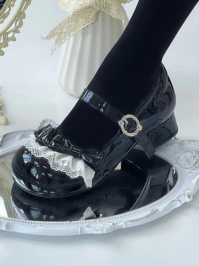 Sweet Heels Low Toe with - Round Lolita Black PU Leather