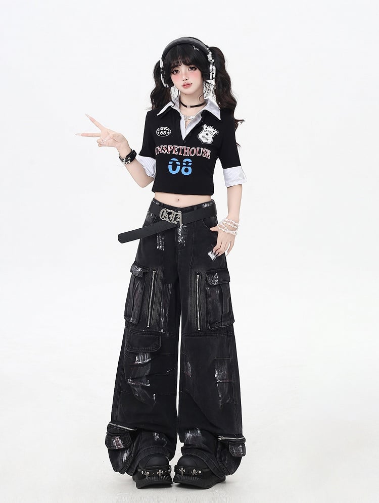 with Cut Rise Denim Pants Cargo Leg Paint Low Spray Black Wide