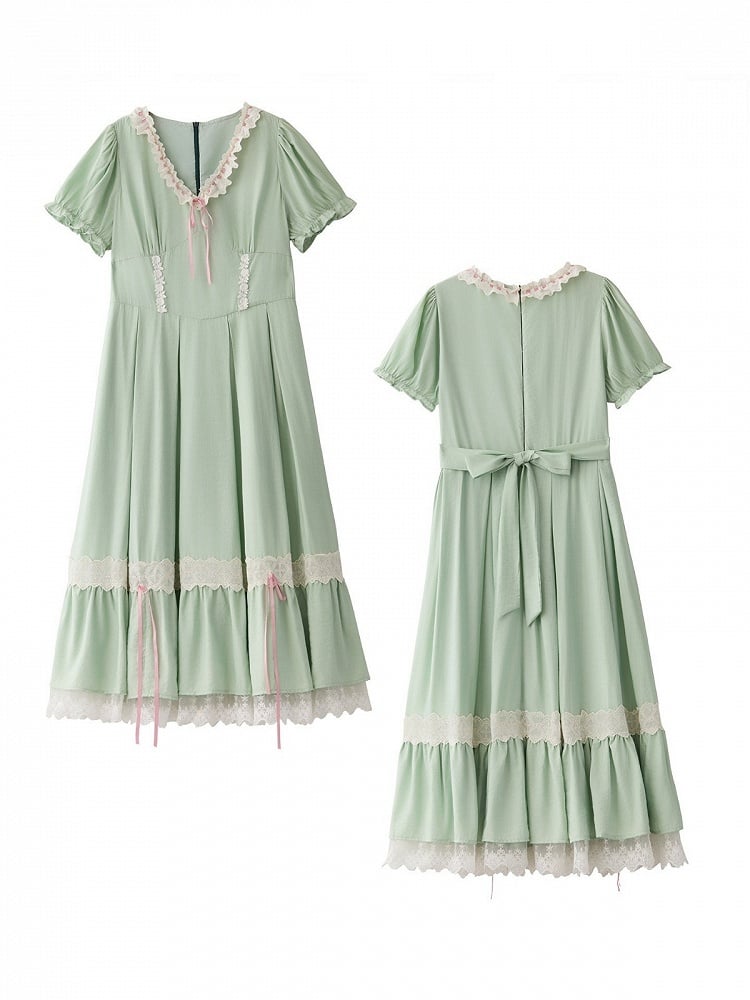 Plus Size Green Sweet Long Dress with Lace & Puff Sleeves - Hard Candy