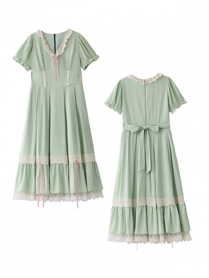 Plus Size Green Sweet Long Dress with Lace & Puff Sleeves - Hard Candy