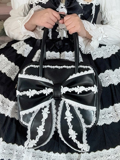 Tasche Lolita Schleife süß PU quadratisch große Spitze mit Front Schule schwarz weiß und alten Trim