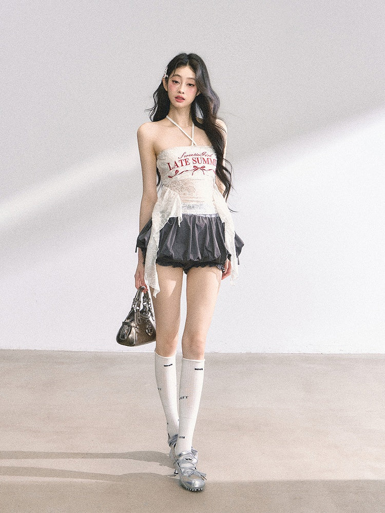 トップス ホワイト アシンメトリー レースヘム ホルターネック