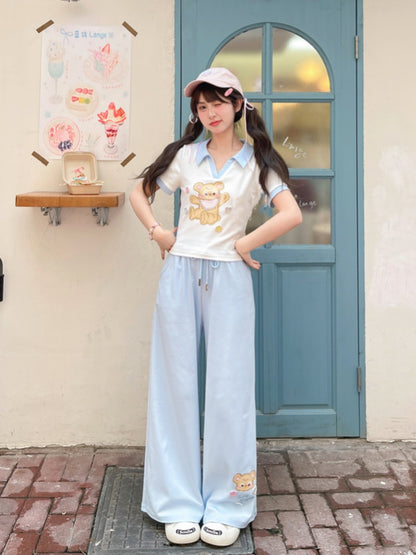 バージョンベアプリント アップル＆ハートボタン Tシャツ Vネック ホワイト ショート