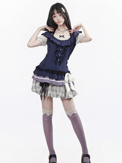 Dark Blue Polka Dot Puff Sleeve Top with Bow - PINK SAVIOR