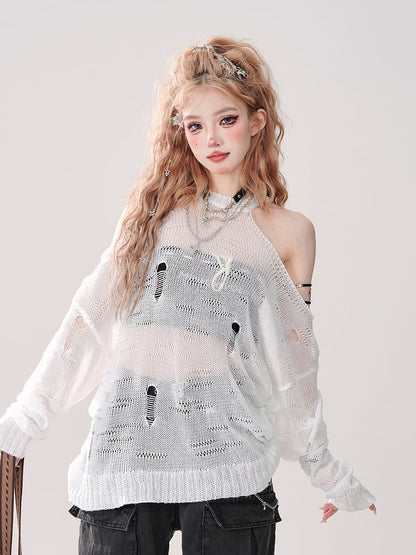 White Halter Neck Hollow-Out Knit Top with Cutout Shoulders