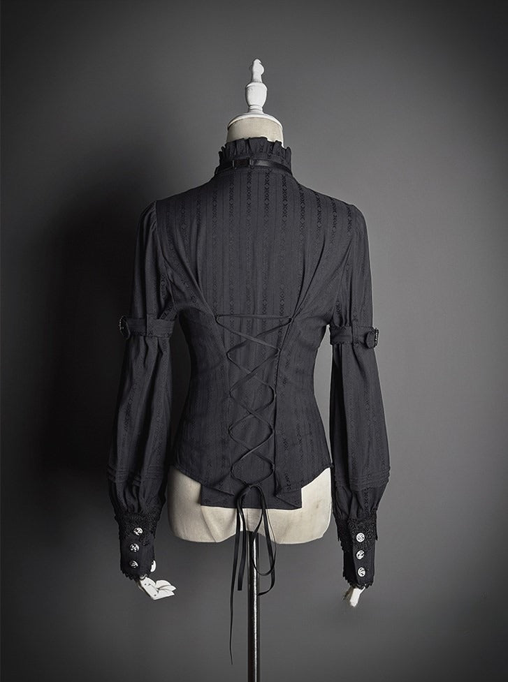 Lace Blouse Neckline Black with Tie Long-sleeved and Bow Ruffled Lolita Details