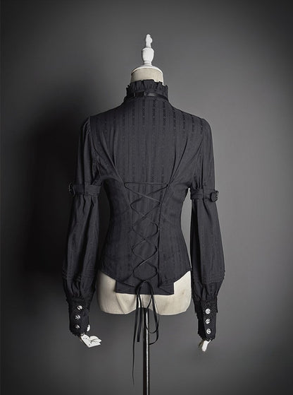 Lace Blouse Neckline Black with Tie Long-sleeved and Bow Ruffled Lolita Details