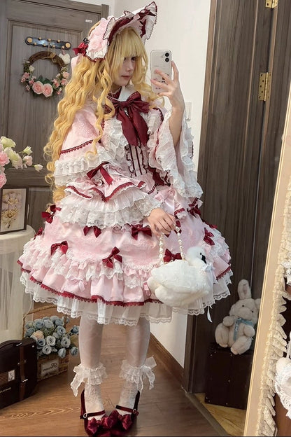 Strawberry OP Dress and Pink Embroidery Teddy Bows Lolita Set Sweet Full