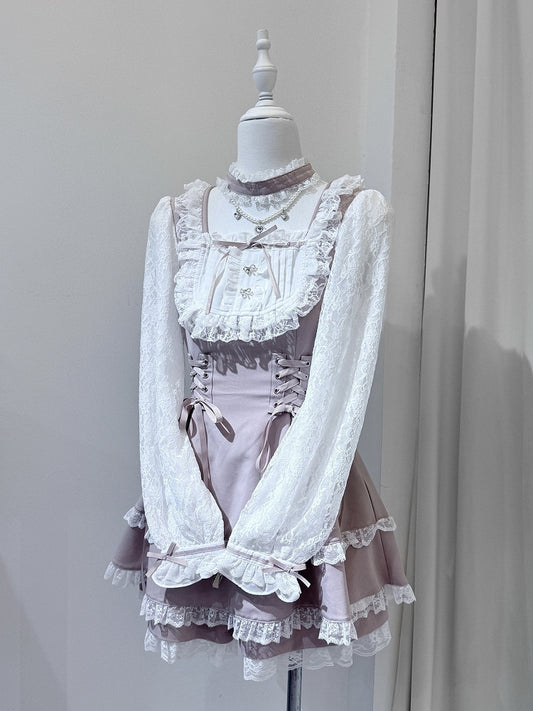 Long Chain Matching Pink + Trim Set Choker Design Ryousangata With Sleeve Dress Lace White Shorts Bead