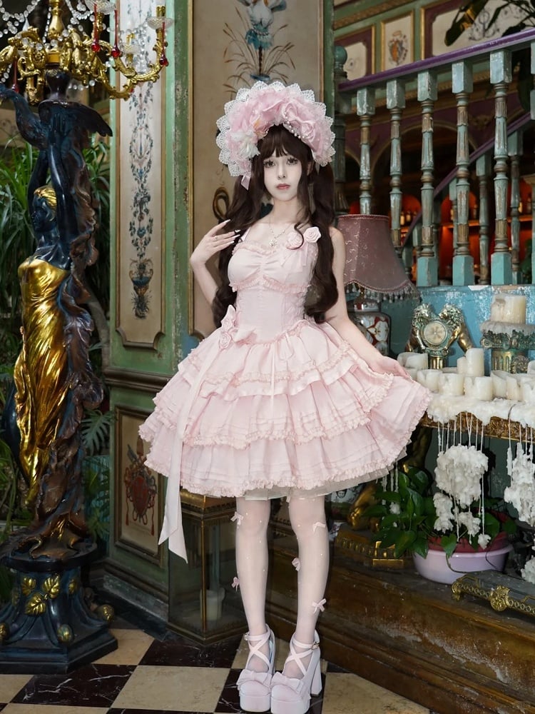 Light Pink Layered Ruffle Boned Lolita JSK Dress with Flower Accents | Meng Fu Zi