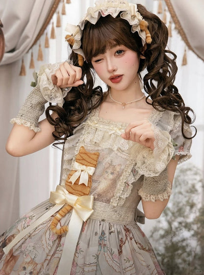 Green Cat Print Square Neckline Sweet Lolita JSK Dress with Plush Cat Patch - NyaNya