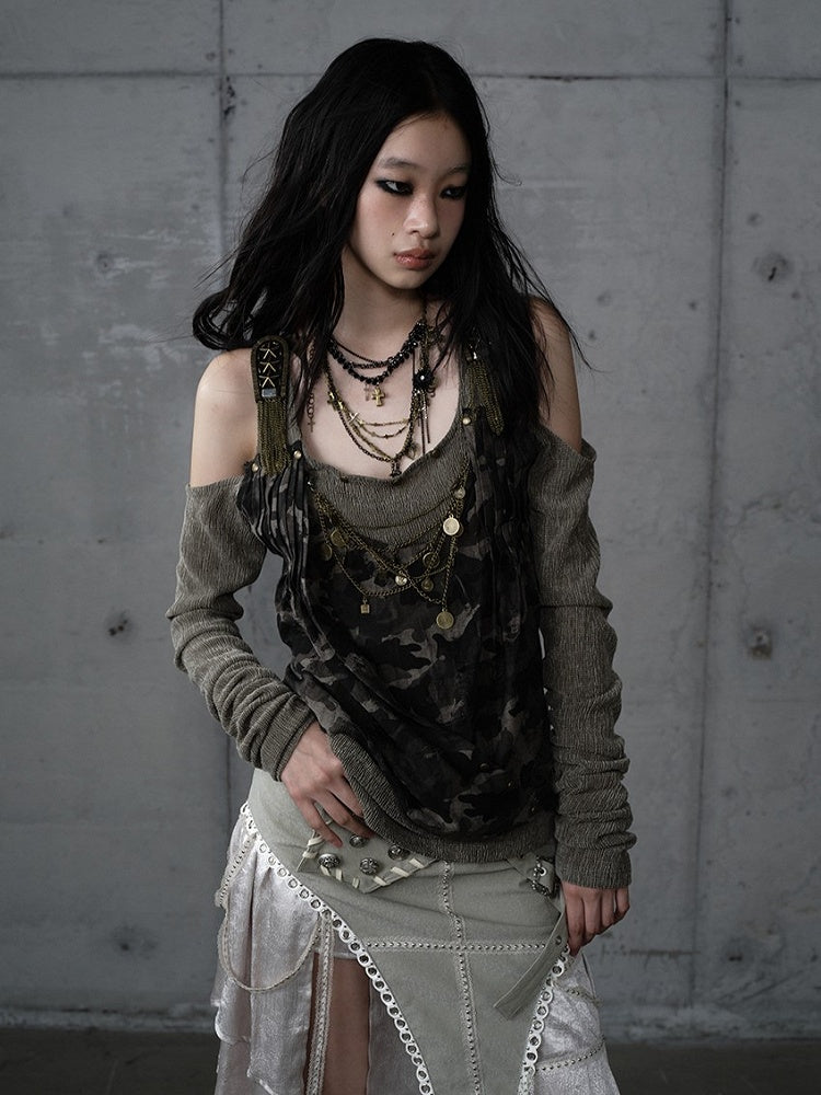 Studded Design Camo Accents Green Vintage Knit Cold-Shoulder Punk with Top