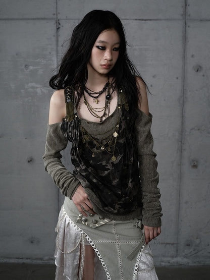 Studded Design Camo Accents Green Vintage Knit Cold-Shoulder Punk with Top