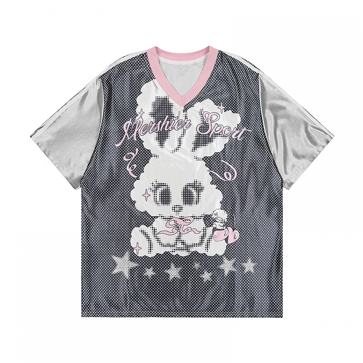 愛らしいウサギのプリント、白黒Vネック水玉Tシャツ