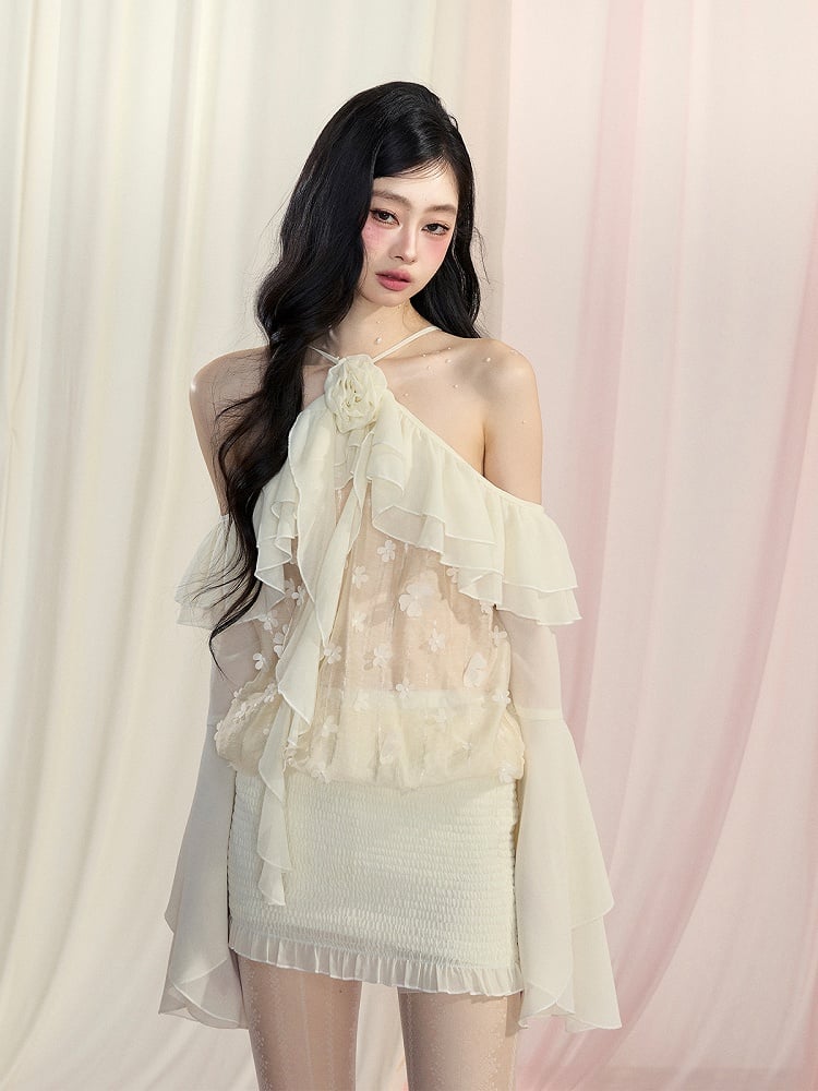 Kaskadierende Rüschenakzente Mesh-Oberteile Ärmel Apricot Neckholder Glocke