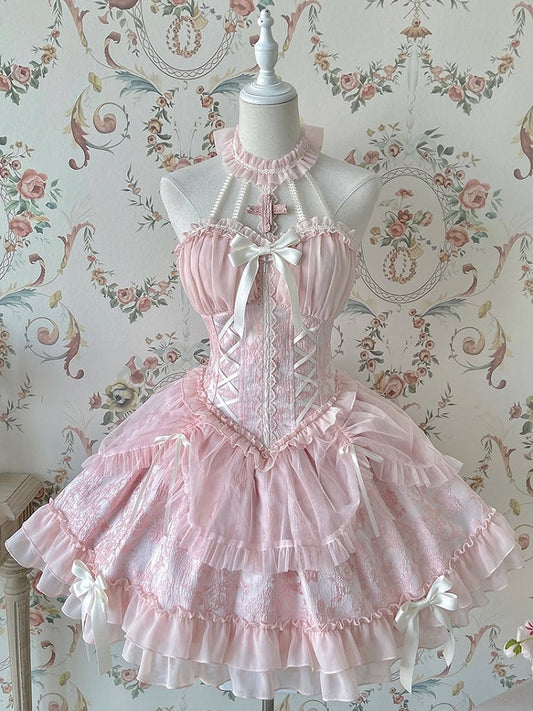 Neck Balletcore Corset Lolita Dress Pink Belle JSK Halter Cross