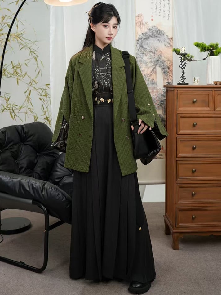 Blazer Front Slit Cuff Green Style Unisex Notched with Design Collar - Chinese Double-Breasted