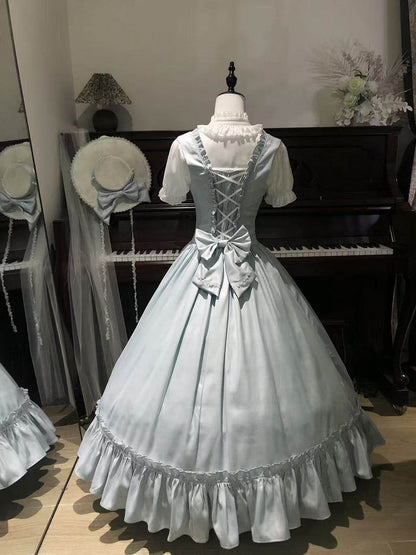 Light Blue Satin Basque Waist Under Bust Elegant Lolita JSK - Alice in Wonderland Lolita