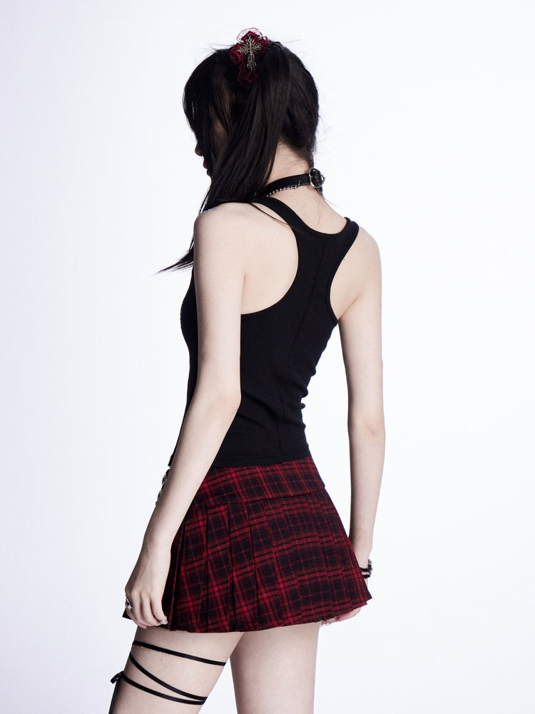Waist Mini Black Pleated Skirt Red Plaid Low Glamorous