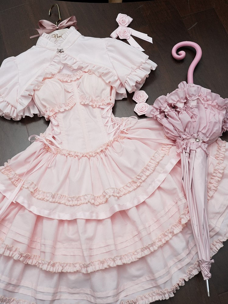 Accents Bolero + Pink Set Dress Flower Top Ruffle Boned Layered Lolita JSK with
