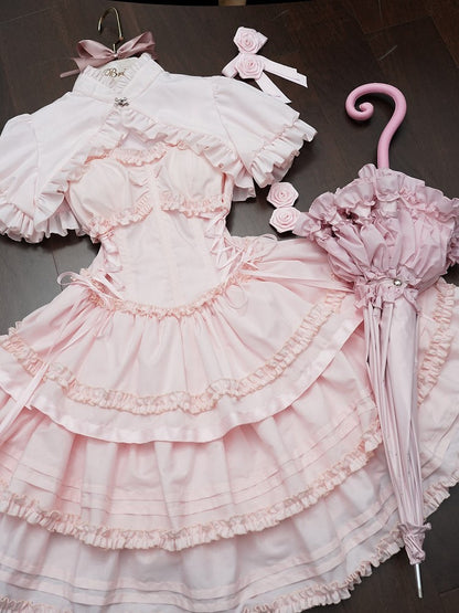 Accents Bolero + Pink Set Dress Flower Top Ruffle Boned Layered Lolita JSK with