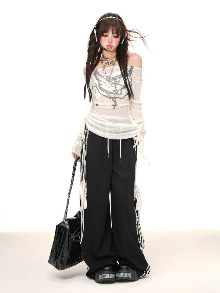 Top Graffiti Weiß/Schwarz Halbtransparenter Kordelzug in der Taille