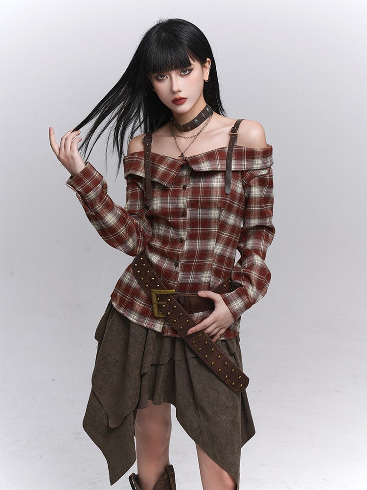 Plaid Off-Shoulder Design Blouse Gothic with PU Adjustable Red