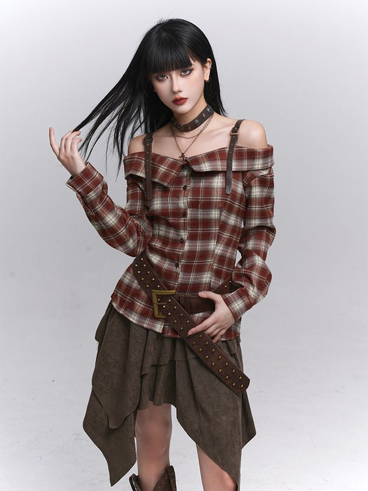 Plaid Off-Shoulder Design Blouse Gothic with PU Adjustable Red
