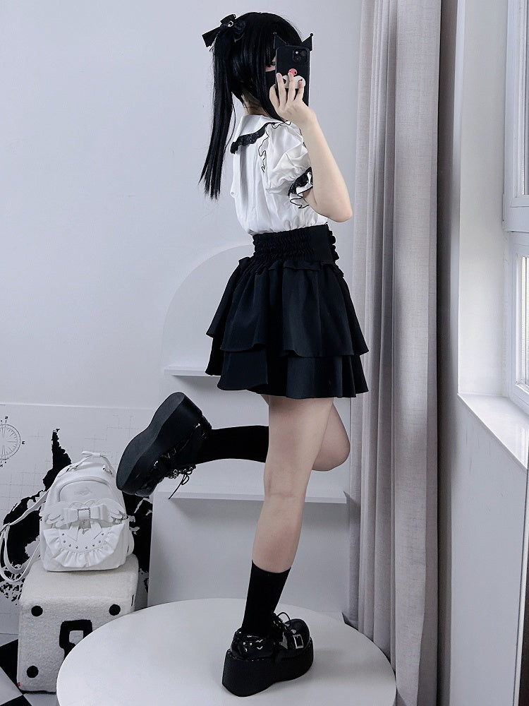 Tiered Skirt Rhinestones Embellished Jirai Kei Black/White/BlackWhite Heart