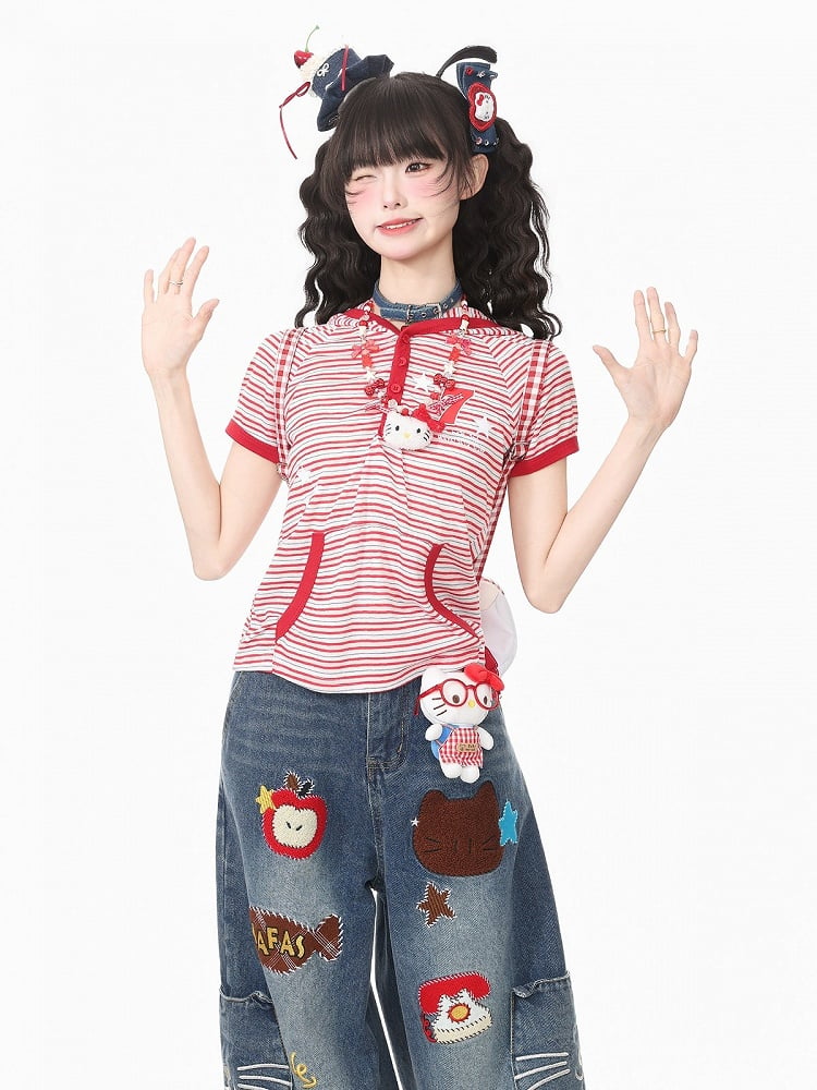 Red Striped Short Sleeve Hoodie with Kitty Ear Detail - Languid Park