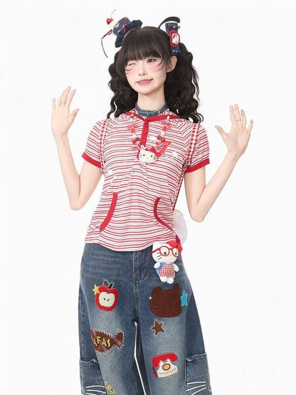 Red Striped Short Sleeve Hoodie with Kitty Ear Detail - Languid Park