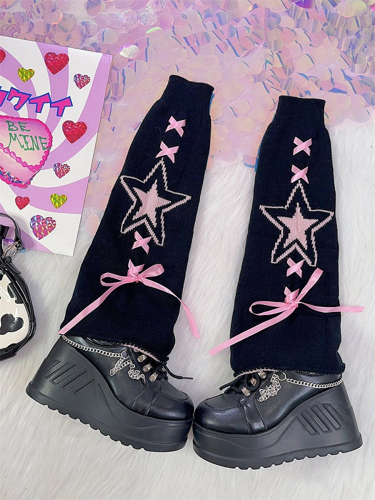 Black White Lace-up Detail Knitted Star Leg Warmers