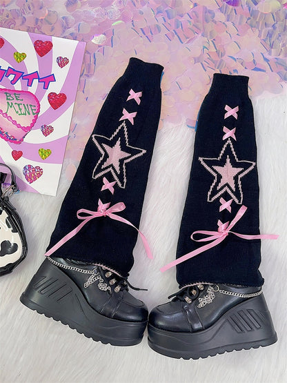 Black White Lace-up Detail Knitted Star Leg Warmers