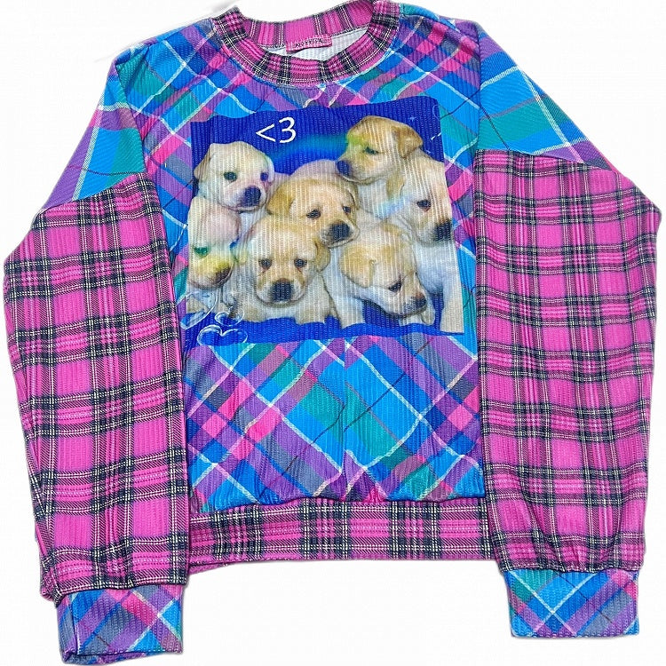 チェック柄と子犬のプリントが入ったピンクのギャルオーバーサイズスウェットシャツ。ファッションとブルー