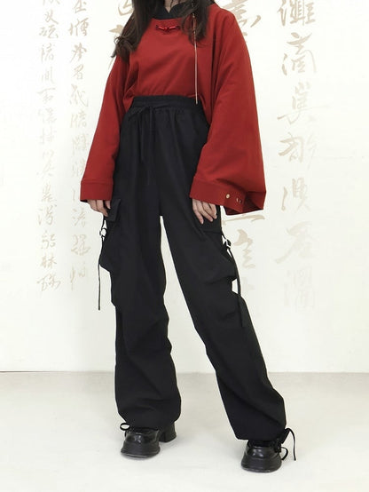 Knot Sleeve Style with Long in Buttons Chinese Ornate Red Unisex Top