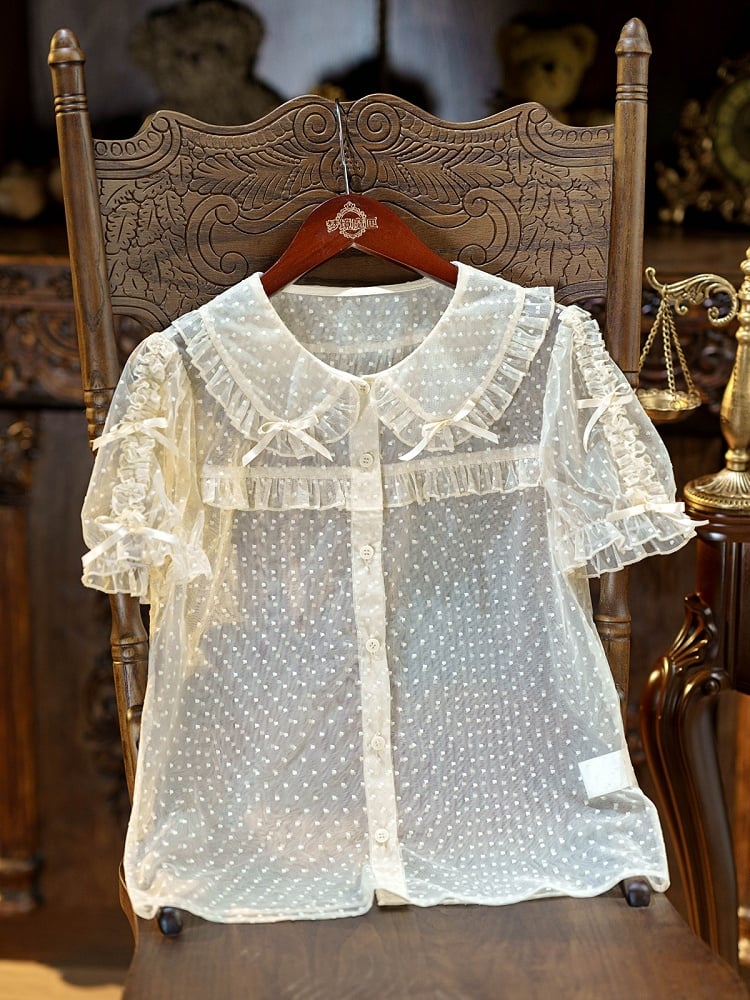 Apricot Peter Pan Collar Polka Dot Sheer Tulle Blouse - Dream Magic Box