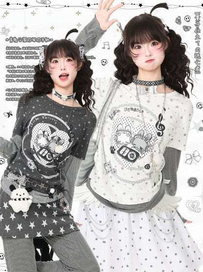Faux Two Piece Otaku White Round Neck Long Sleeve Bunny Star Top - Languid Park