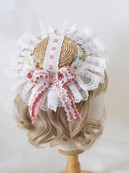Straw Options 8 - With Flower Lace Bowknot Decorated Lolita Color Country Mini Hat