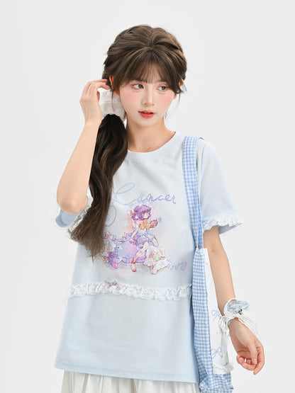 ブルー ラウンドネック レース ルーズ Tシャツ アップリケ 蟹座 星座プリント