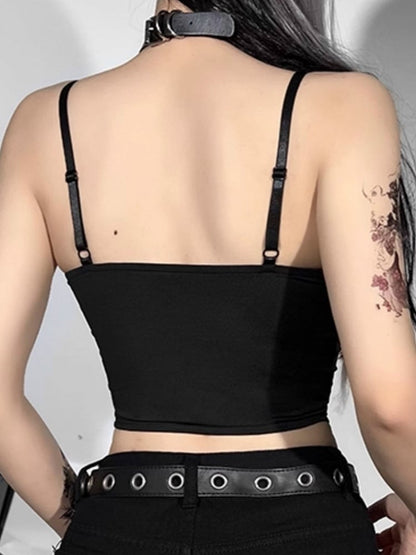 with Top Cami Lace-Up Black Halloween Crisscross Panel Gothic Front Red Embroidered