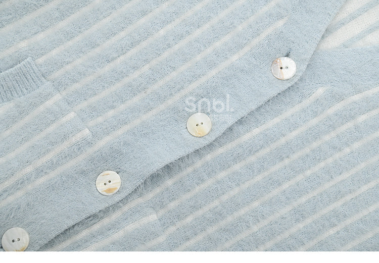 Cute Little Bear Plushie Adorned  Blue Striped Loose Cardigan