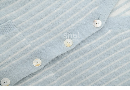 Cute Little Bear Plushie Adorned  Blue Striped Loose Cardigan