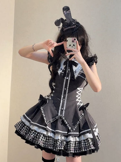 ゴシックロリータスリーブストライプフラッター耳ダークグレーカラードレスバニーバック