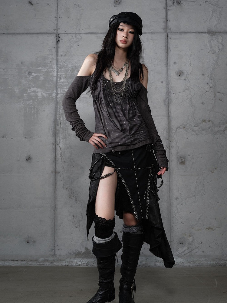 Knit Accents Cutout Gray Layered Shoulder Sequin Top Studded Dark with