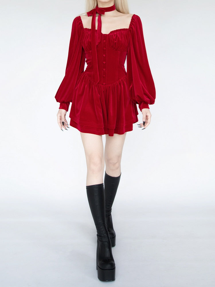 Red Velvet Balloon Sleeves Glamorous Tiered Skirt Mini Dress with Self-tie Scarf