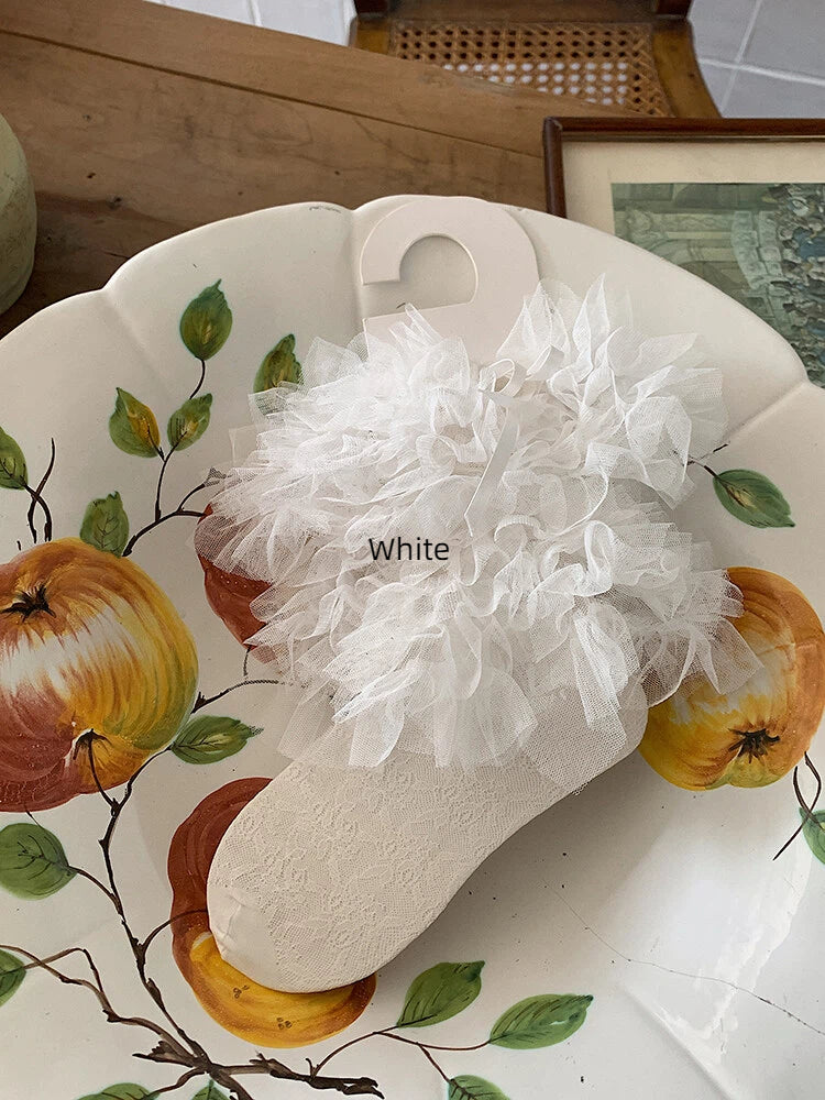 Black White Mid-Calf Mesh with / Milk Lace Socks