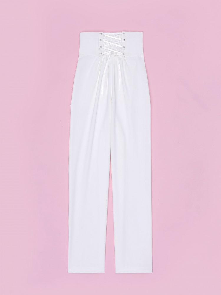 High-Rise White Ouji Pants with Buttons and Buckles - DevilInspired Exclusive Collection