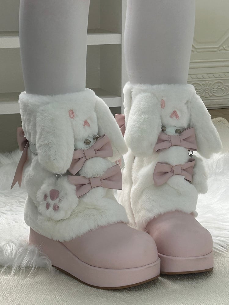 Winter Studded Edgy Ear Bunny Boots Regular Platform Sweet / Version Pink Fleece-Lined