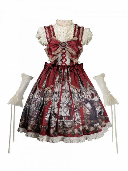 Floral Print Lolita Dress Set with Puff Sleeve Top - Unknown Star
